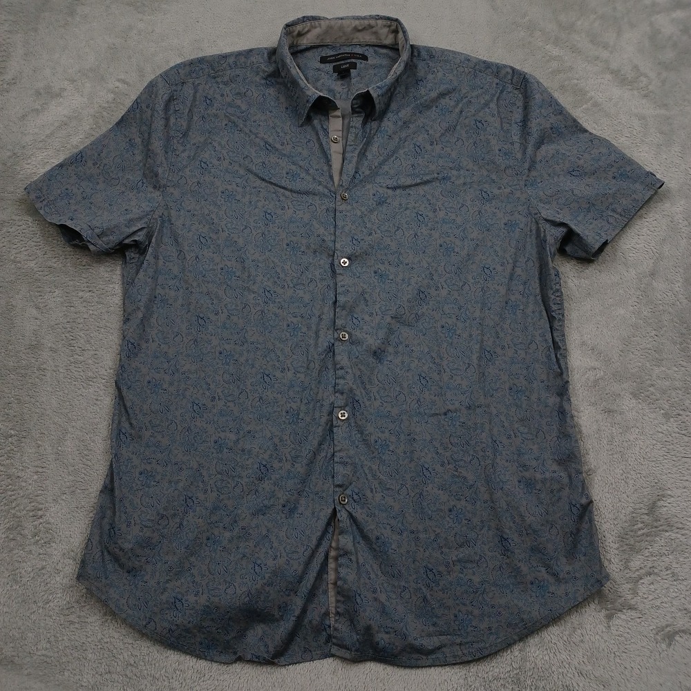 John Varvatos Shirt Mens Large Blue Paisley Button Up Short Sleeve Preppy Logo